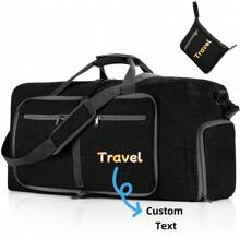 Folding Portable Outdoor Travel Bag, Sports Bag, Cation Large Capacity Fitness Luggage Bag Customizable Pattern Text - Black - View 1