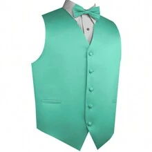 Sizes XS To 6XL Men's 3-Piece Tuxedo Vest Set – Satin Waistcoat With Bow Tie And Pocket Square For Wedding, Prom, Formal Events - Mint Blue - View 2