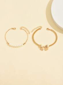 2pcs/Set Popular Bowknot & Faux Pearl Decor Bracelet, Fashionable Sweet & Cute Ladies' Jewelry For Daily Or Beach Vacation, Simple Style Valentines
