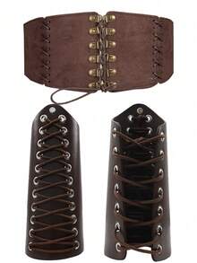 3PCS Clothing Accessories During The Medieval Renaissance Period  Retro Adjustable Strap Wrist Guard   Punk Leather Waist Cover   Suitable For Stage Role-Playing Props - Brown - View 2