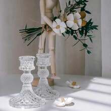 1 Piece Set Of Vertical Diamond Patterned Retro Glass Candle Holder Decorations, Candle Holder Seats, Family Candlelight Dinner Props, Romantic Atmosphere Decoration On The Dining Table - Clear - View 3