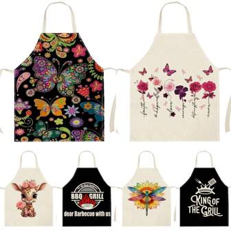 1pc Butterfly & Flower & Giraffe & Dragonfly Pattern Linen Apron For Kitchen, Cooking, Home Use