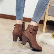 Fall/Winter Women's Chunky Heel Short Boots, Casual Buckle Side Zipper Shoes, Comfortable Ankle Boots, Footwear/Women's Shoes/Women's Fashion Boots/Women's Ankle Boots And Short Boots, Women's Fashion Suede Belt Buckle Chunky Heel Boots, Spring And Autumn Mid Heel Shoes, Half Tube Boots, Women's Shoes,Boots For Women