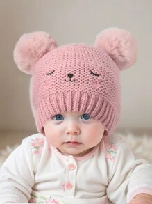 1 件装婴儿冬季帽子保暖幼儿无檐小帽可爱绒球帽针织婴儿无檐小帽婴儿雪帽适合女婴 - 粉色 - 查看 1