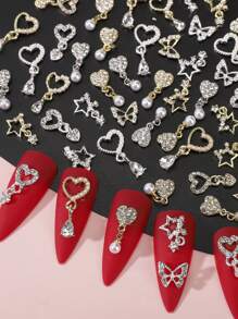 40 Piezas Dijes colgantes con forma de corazón, Diamantes de imitación de cristal, Gemas y Piedras decorativas para Uñas, Charms en color dorado y plateado para Diseño de Uñas, Accesorios Variados para Decoración de Uñas para el Día de los Enamorados