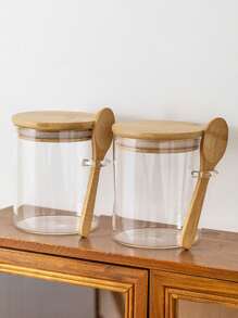 1pc/2pcs/4pcs 500ml 16.9oz Glass Jars,Overnight Oats Containers With Lids,Kitchen Glass Canisters,Glass Storage Container Airtight Food Jars With Wood Lids And A Spoon,Wide Mouth Pantry Clear Glass Jar For Flour, Sugar, Cookie,Nuts,Coffee,Biscuits,Herbs,Honey,Milk Powder,Dried Fruit,Matcha,Salt,Oats,Tea-Leaf,For Kitchen,Restaurant,Outdoor,Food Store,Party,Picnic, Refrigerator Storage