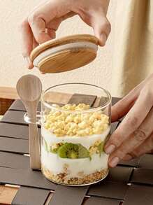 1pc/2pcs/4pcs 500ml 16.9oz Glass Jars,Overnight Oats Containers With Lids,Kitchen Glass Canisters,Glass Storage Container Airtight Food Jars With Wood Lids And A Spoon,Wide Mouth Pantry Clear Glass Jar For Flour, Sugar, Cookie,Nuts,Coffee,Biscuits,Herbs,Honey,Milk Powder,Dried Fruit,Matcha,Salt,Oats,Tea-Leaf,For Kitchen,Restaurant,Outdoor,Food Store,Party,Picnic, Refrigerator Storage