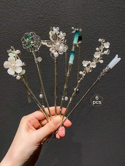 1/2/6pcs Women's Traditional Chinese Tassel Hair Pin With Flower Decoration For Updo Hairstyle Hair Bun Hair Bun Maker Bun Hair Piece Hair Styling Pins, School Stuff, Vacation Outfits Woman, Hair Accessories, Head Accessories