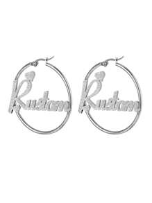 Personalized 40mm Frosted Big Hoop Earrings, Stainless Steel Jewelry, Customized Name Earrings, Luxury & Shiny Earrings For Women, One Pair - Silver - View 6