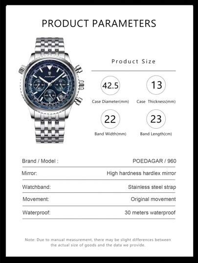 POEDAGAR 1pc Men Quartz Watchs, Stainless Steel Multi Function Date Chronograph Waterproof Luminous Pointer Watch, Wristwatches Business Occasions view 7