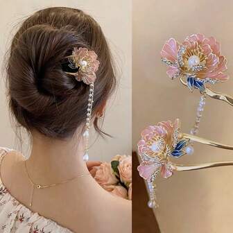 1pc Women Floral Tassel Metal Hairpin With Faux Pearl & Rhinestone Decor, Pink Peony Flower Hair Clip, Bun Maker, Suitable For Daily Use Bun Hair Piece Hair Styling Pins