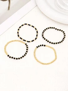 4pcs Fashionable Handmade Black Crystal Beaded Mini Bracelet Set For Women, Perfect For Holidays, Parties And Festival Gifts - Multicolor - View 4