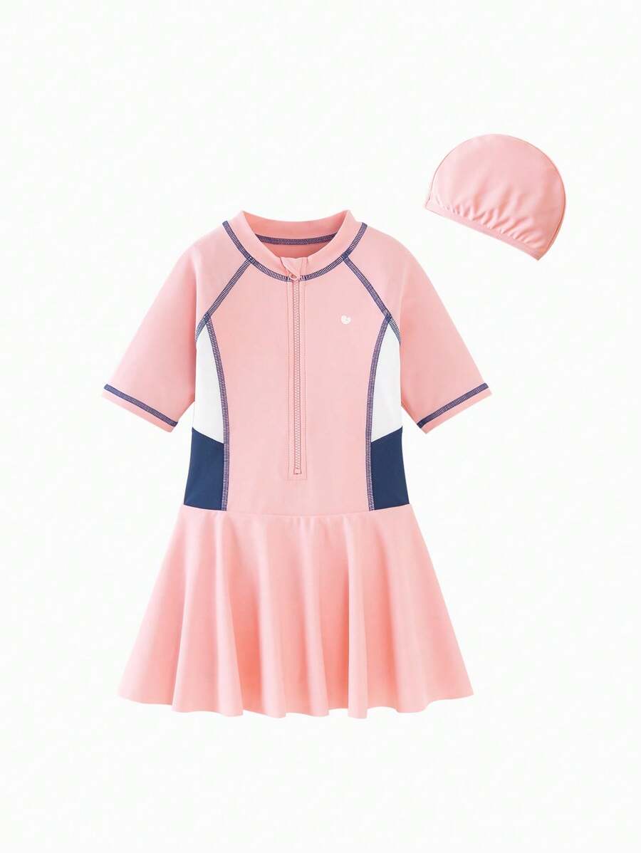 Vestido de natación lindo para bebés para el verano con alta elasticidad y protección solar traje de baño de una pieza - Rosa - Ver 1