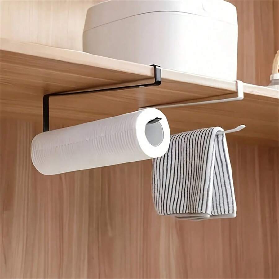 1pc Iron Paper Towel Holder, Flush Mount Kitchen Cabinet Hanging Roll Dispenser Rack For Towels, Absorbent Paper, And Plastic Wrap - Easy Install No Drilling Required - Multicolor - View 1
