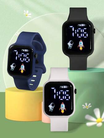3 pièces/Set Montre électronique de style casual et sportif avec design de fusée dessin animé pour enfants et jeunes, convient pour différents styles, idéale pour une utilisation quotidienne