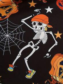 Vintage Halloween Pumpkin Spiderweb Skeleton Print Round Neck High Waist Patchwork Long Sleeve Swing Dress With Scarf - Black - View 3
