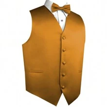 Sizes XS To 6XL Men's 3-Piece Tuxedo Vest Set – Satin Waistcoat With Bow Tie And Pocket Square For Wedding, Prom, Formal Events - 蜂蜜金芥末 - 查看 2