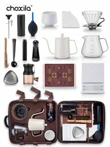 choxila 带旅行盒的咖啡套装、02 号滴滤咖啡套装、手冲咖啡壶套装、派对节日礼物、便携式咖啡露营套装、旅行咖啡配件工具、包含 600 毫升大咖啡壶、温度计、600 毫升玻璃咖啡壶（带 V02 滴滤器）