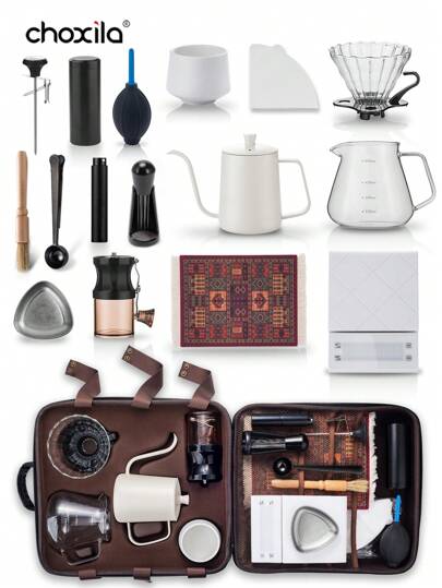 choxila 带旅行盒的咖啡套装、02 号滴滤咖啡套装、手冲咖啡壶套装、派对节日礼物、便携式咖啡露营套装、旅行咖啡配件工具、包含 600 毫升大咖啡壶、温度计、600 毫升玻璃咖啡壶（带 V02 滴滤器）