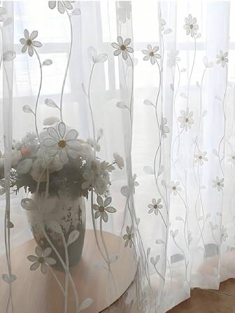 花柄 刺繍加工の シースルーカーテン 1枚、ダイニングルーム リビングルーム対応のボイルカーテン、窓辺には寝室やスライディングガラスドアにも適しています、リビングルーム の家庭用インテリア