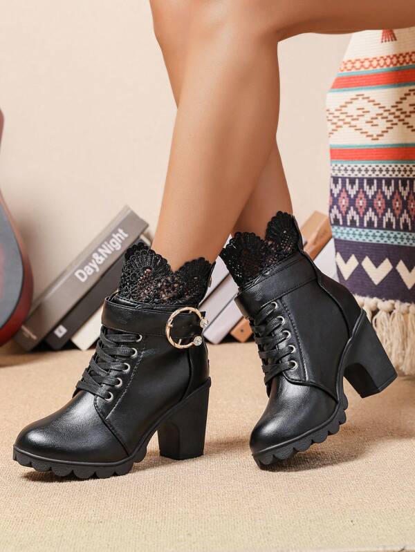 2024 New Arrival Lace Border Short Ankle Boots For Women, Chunky/High Heels, Spring/Autumn/Winter, Front Strap Buckle, Waterproof Platform, British Style, Zipper, Fashionable And Versatile