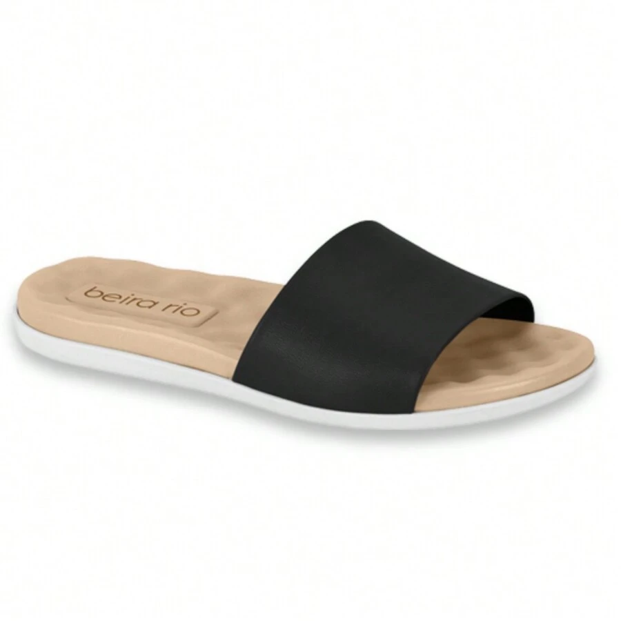 Slide Women's Flat Flip Flop Beira Rio Napa Original Casual Ultra Comfort Day To Day Flip Flops - 黑色 - 查看 1