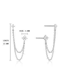 2pcs Cubic Zirconia Decor Chain Pendant Stud Earrings, Hypoallergenic Jewelry Suitable For Gift To Women