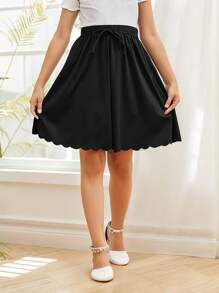 GORLYA Girls' Casual Versatile Ruffle Hem Elasticated Waist A-Line Midi Skirt, Suitable For Shopping, Evening Party, Back To School, Vacation - Black - View 1