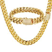 putouzip 2pcs Thick 18K Gold Plated Hip Hop Jewelry Set Stainless Steel 12mm Men Curb Punk Link Chain Crooked Buckle Necklace Bracelet