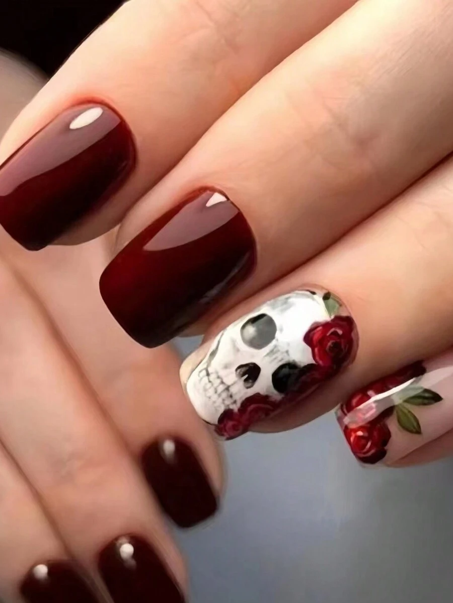Halloween Medium-Long Shiny False Nails With Red Flower, Skull & Rose Fake Nail Tips, 24Pcs Press On Nails Nail Supplies Nails