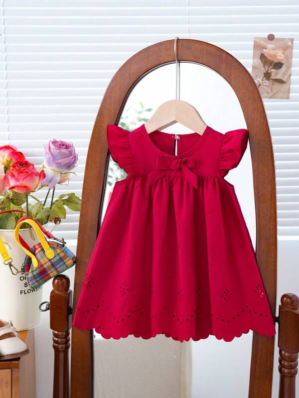Baby Girls Simple Adorable Cap Sleeve Solid Color Bow Tie Ruffle Dress