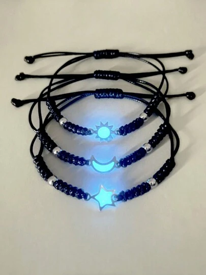 ATLVXJL Set de 3 piezas de pulsera de tela negra Good  Sister Brother, tejida con encantos de crecimiento en la oscuridad de sol, luna y estrella, un look elegante para mujeres y seres queridos, regalos de vacaciones