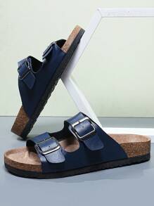 Men's Fashionable Cork Sole & Comfortable Insole Slip-On Mule Slippers, Summer Outdoor Beach Walking Slides - Blue - View 3