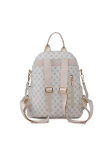 女士时尚三叶草翻盖背包，PU 皮革单肩包，手提包，学生书包，通勤包 - 白色 - 查看 6