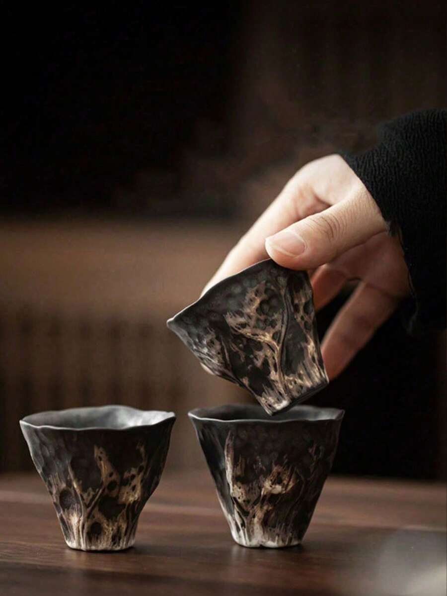 Handmade Japanese Asymmetrical 50ml Capacity Wabi-Sabi Style Lotus Tea Cup, Vintage Ceramic Kung Fu Tea Set, Small Capacity Coffee Cup Or Host Cup For Home Use - Multicolor - View 1
