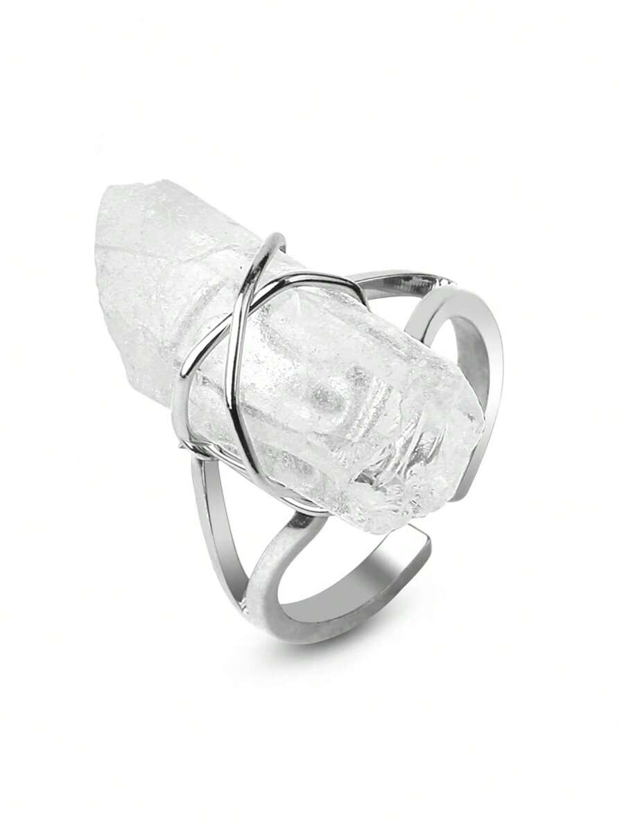 1pc Asymmetrical Natural Gem Stone Open Rings For Women Girl Rock Crystal Clear Quartz Silver-Color Wire Wrapped Finger Ring Healing Reiki Jewelry Gift G455 - Ring - View 1