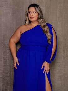 Vestido Longo Feminino Plus Size Manga Única Com Fenda e Cinto Delicado - Azul Royal - Visão 7