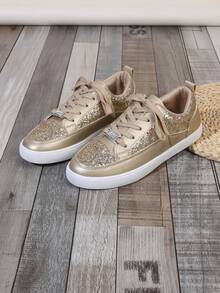 Giày đế bằng chống trượt, khóa trang trí bằng đá quý màu vàng/bạc dành cho nữ, thân giày bằng kim sa màu vàng sáng bóng, mũi tròn buộc dây, phong cách thể thao thường ngày ngoài trời, thời trang, thoải mái, đơn giản, thời trang - Vàng - Xem 3