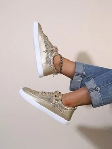 Giày đế bằng chống trượt, khóa trang trí bằng đá quý màu vàng/bạc dành cho nữ, thân giày bằng kim sa màu vàng sáng bóng, mũi tròn buộc dây, phong cách thể thao thường ngày ngoài trời, thời trang, thoải mái, đơn giản, thời trang - Vàng - Xem 6