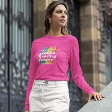 Playera Manga Larga de Moda para Mujer 1 Pza Estampado Colores Maestros | Día del Maestro o Maestra | Playera 100% Algodón - Rosa Fucsia - Ver 5