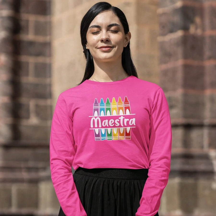 Playera Manga Larga de Moda para Mujer 1 Pza Estampado Colores Maestros | Día del Maestro o Maestra | Playera 100% Algodón - Rosa Fucsia - Ver 1