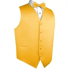 Sizes XS To 6XL Men's 3-Piece Tuxedo Vest Set – Satin Waistcoat With Bow Tie And Pocket Square For Wedding, Prom, Formal Events - 金色 - View 2