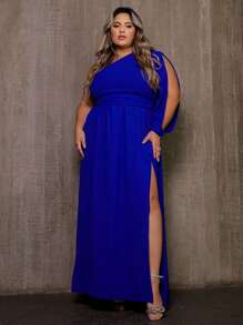 Vestido Longo Feminino Plus Size Manga Única Com Fenda e Cinto Delicado - Azul Royal - Visão 6
