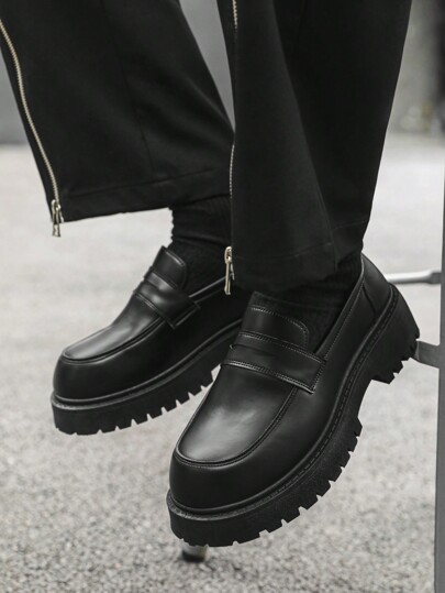 复古圆头男士正装鞋，厚底，一脚蹬式增高鞋，适合正式和派对场合，低帮时尚男士皮鞋，英伦风格乐福鞋，适合休闲装