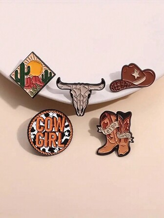 Set de 5 piezas de accesorios de moda punk personalizados, con diseño de escena animal de cabeza de toro, estilo vaquero, incluyendo insignia, broche y pin de esmalte, adecuado para uso diario, vacaciones y banquetes