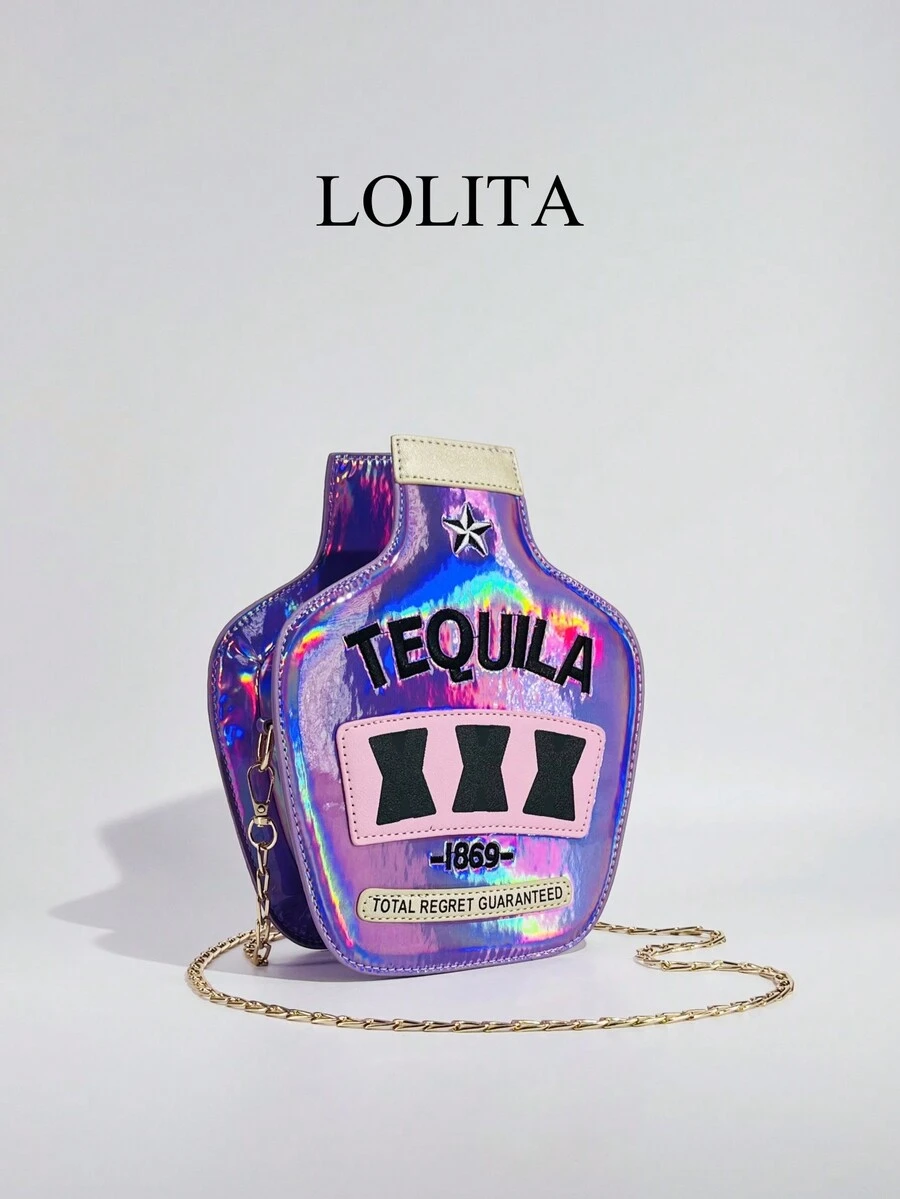 Y2K Street Style Holographic Glitter Wine Bottle Shaped Shoulder Bag, Novelty Bag, Creative Reflective Personalized Embroidered Letter Crossbody Bag For Women