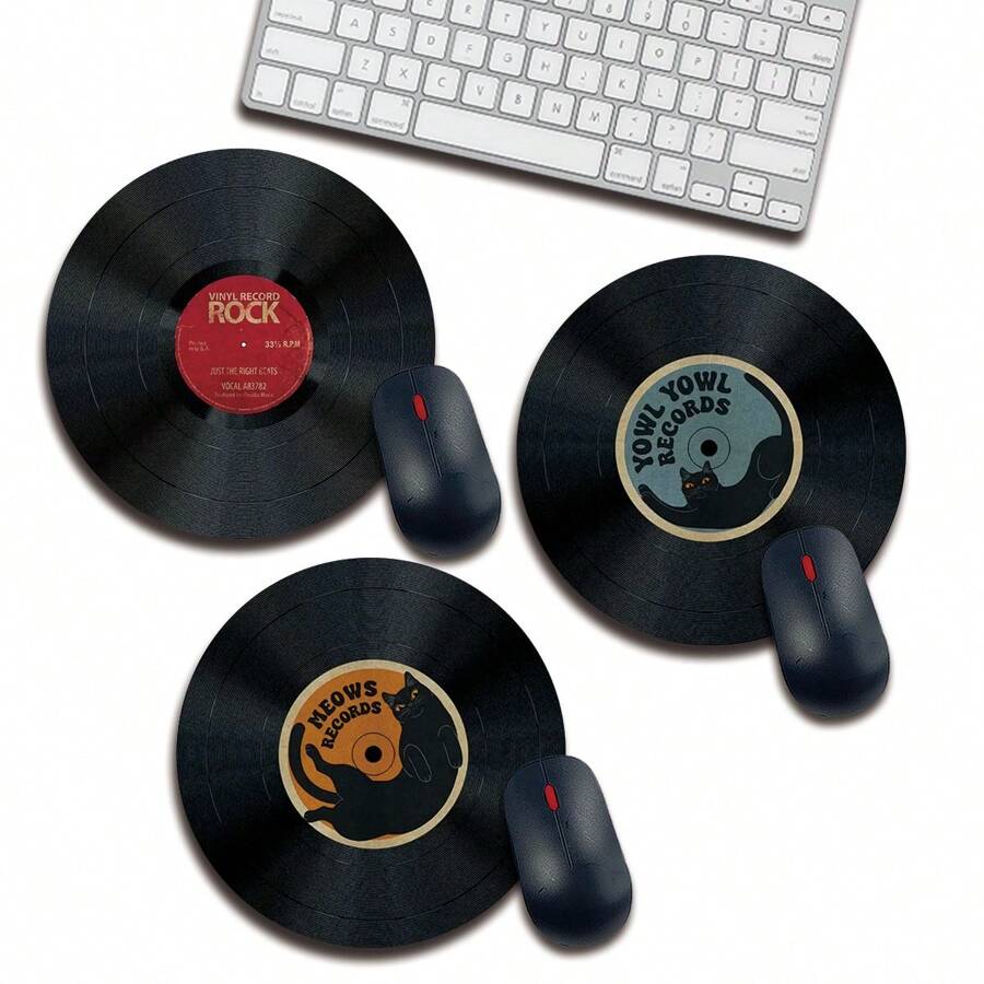 1pc Record Cat Pattern Design Funny Mouse Pad, Round Mouse Mat For Office Desk With Anti-Slip Rubber Base, Small Mini Travel Mouse Pad For Notebook Laptop, Suitable For Girls And Boys, Office, Home, Study, And Gaming