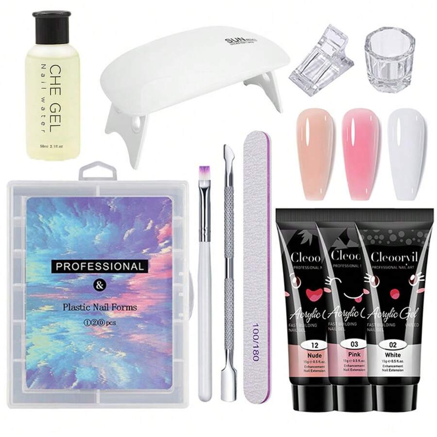 Poly Nail Extension Gel Kit Starter-3 Colors Skin Tone Nude Brown Series Builder Nail Gel All In One Kit With 6W Nail Lamp And Complete Poly Nail Art Tools For Beginner Gifts - 美甲工具組-1 - 查看 1