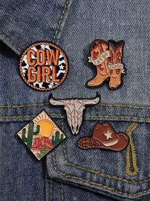 5pcs/Set Fashion Punk Personalized Creative Cowboy Style Animal Scenery Bull Head Hat Boots Metal Badge Brooch Enamel Pin, Clothing School Bag Accessories Suitable For Daily Holiday Banquet Wear - Multicolor - View 3