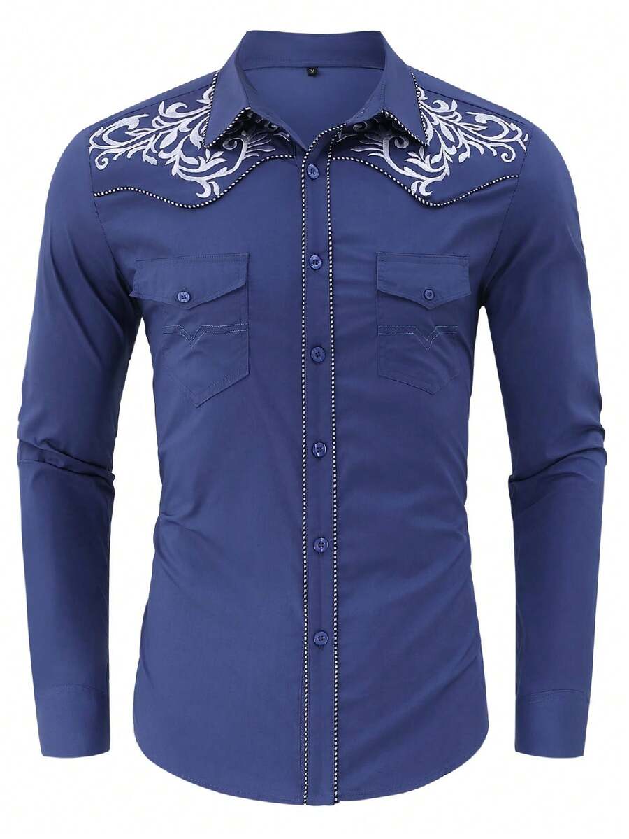 Mens Western Shirts Long Sleeve Embroidered Button Down Shirts With Pockets Slim Fit Casual Shirt - 灰藍色 - 查看 1